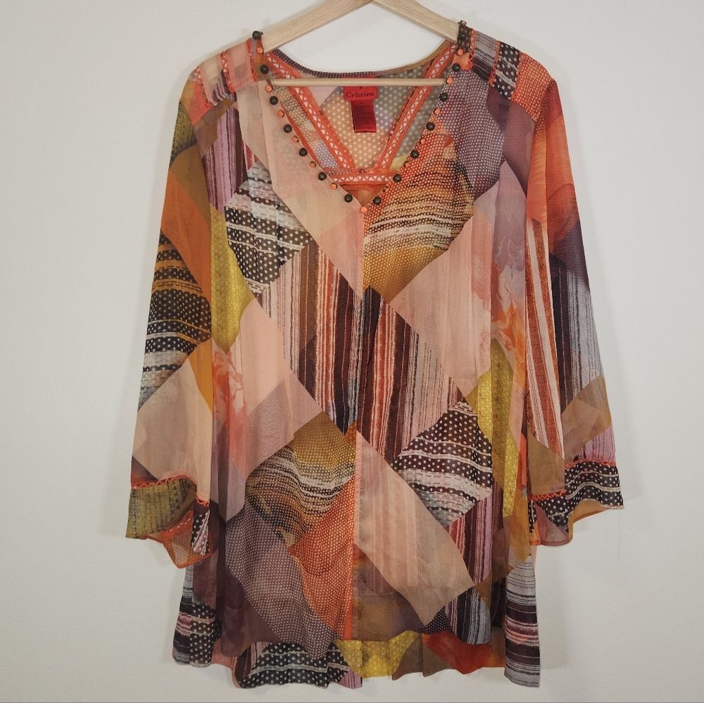 V Cristina Boho Beaded Crochet Trim Semi Sheer Tunic Beach Vacation XL